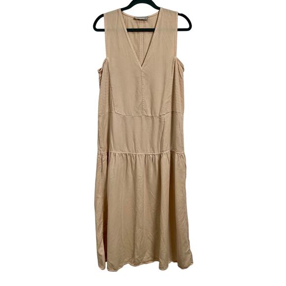 Everlane The Tencel V-Neck Dress Midi Beige Tan Women's Size Medium Modest - Picture 1 of 12